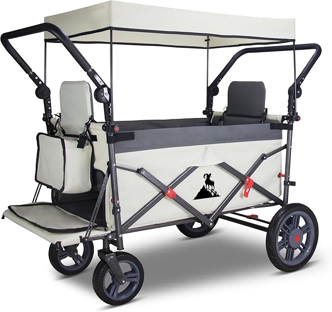 Foldable Wagon with Canopy - Collapsible Utility Cart with 2 Seats & Belts, Adjustable Handle, Expandable Front for Camping, Picnic, Shopping (Beige/Grey)