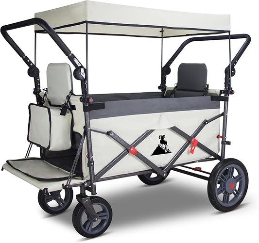 Foldable Wagon with Canopy - Collapsible Utility Cart with 2 Seats & Belts, Adjustable Handle, Expandable Front for Camping, Picnic, Shopping (Beige/Grey)