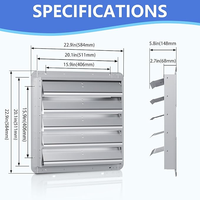 20 Inch Galvanized Shutter Exhaust Louver Vent, Automatic Gravity Shutter Louver Vent for Home Attics, Workshops, Barn, Greenhouse (Motor&Blades are not Included)