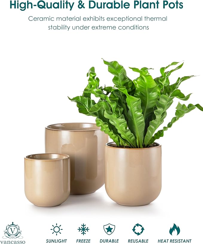vancasso Ceramic Plant Pots, 4+5+6 inches, Set of 3, Planters with Drainage Hole, Flower Pots Planters Pots for Indoor Plants, Modern Indoor Decorative Garden Pot, Home Decor, Brown