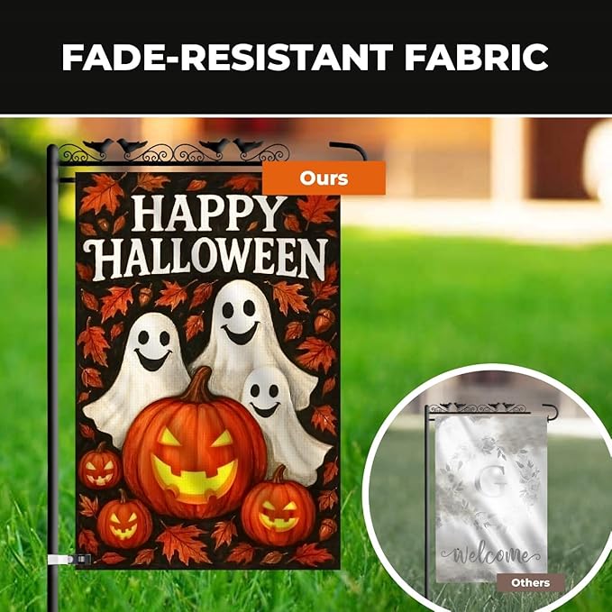 Halloween Garden Flag 12x18 Double Sided Burlap – Fall Outdoor Yard Flag with Pumpkins and Ghosts, Durable Seasonal Decoration