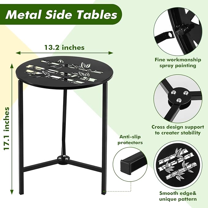 2 Packs 13" Metal Outdoor Side Tables Small Black Outside End Table for Patio Round Accent Corner Stand for Small Spaces Weather-Resistant Coffee Table for Balcony Porch Plant Stand, Bamboo Leaf