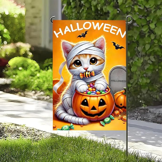Halloween Garden Flag 11.81 x 17.72 Inch Cute Kitten in Mummy Costume with Pumpkin Candy Bucket Bats and Gravestone Outdoor Yard Decoration for Holiday Party