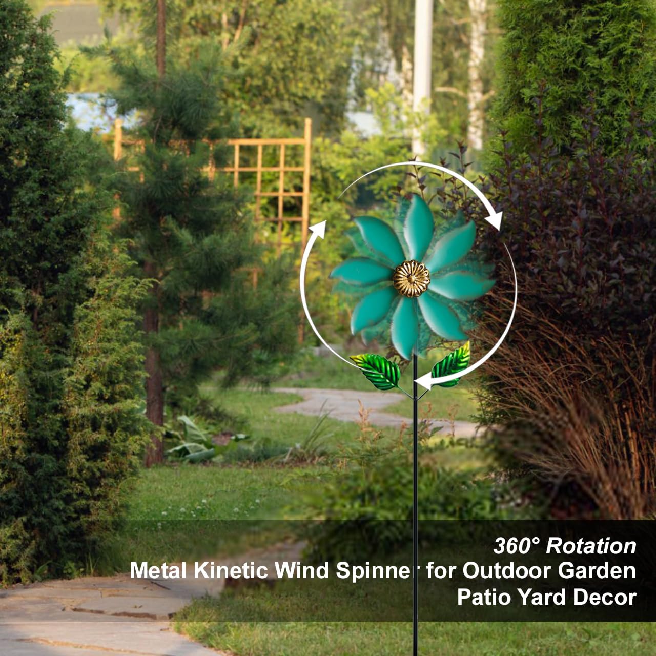 Metal Wind Spinners for Outdoor Decor - 35inch Tall Kinetic Wind Sculptures with 10inch Diameter, Durable Yard Art for Garden, Patio, Lawn - Weather-Resistant Garden Pinwheels in Vibrant Cyan