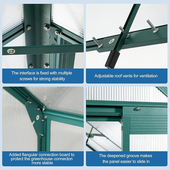 6x12 FT Greenhouse, Outdoor Polycarbonate Hot House, Garden Plants Green House with Raised Base, Sliding Door and Adjustable Vent Roof for Outdoor Patio, Green