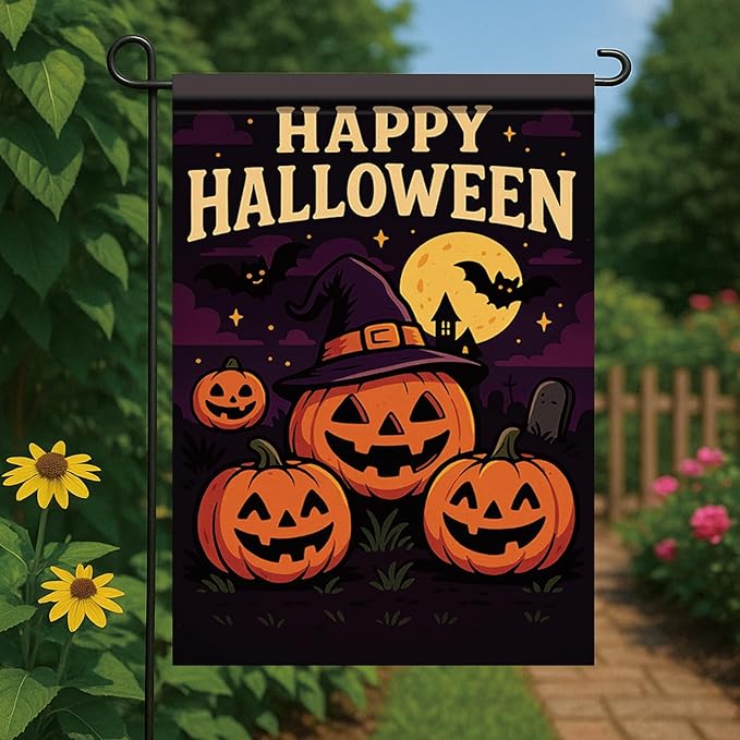 Happy Halloween Garden Flag Pumpkin Witch Hat Bats 12x18 Inch Double Sided Outdoor Yard Banner for Trick or Treat Haunted House Halloween Decoration Decor