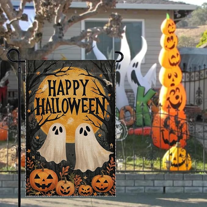 Happy Halloween Garden Flag Ghost Welcome Small Flags for Outside, 12x18 Inch Moon Jack O Lantern Pumpkin Double Sided Burlap Holiday Fall Banner Yard Outdoor Decoration