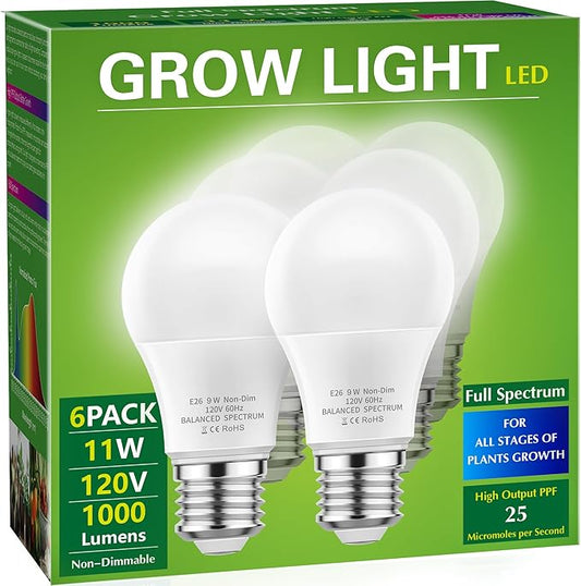 Briignite Full Spectrum LED Grow Light Bulbs, A19 Shape, E26 Base, 11W, 100W Equivalent, 6 Pack for Indoor Plants & Seed Starting