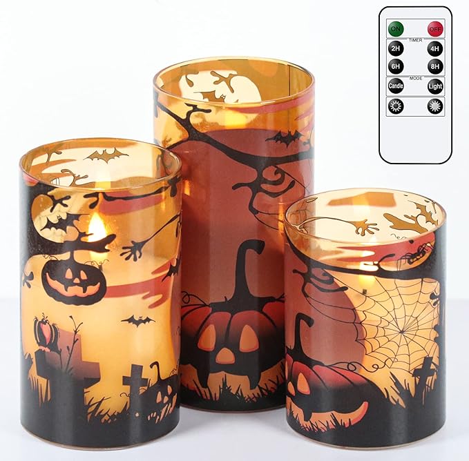DRomance Pumpkin Glass Flameless Candles with Remote and Timer, Battery Operated Realistic 3D Wick Flickering Real Wax LED Candles Halloween Window Table Holiday Dinner Decor Gifts(3 x 4,5,6 Inches)
