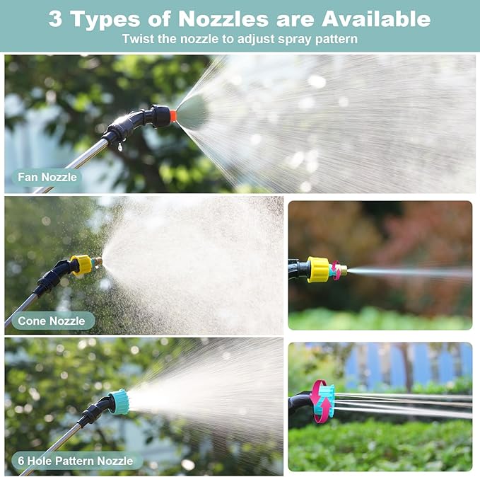 Battery Powered Sprayer 1.35Gallon/5L, 2025 Upgraded Electric Sprayer in Lawn and Garden with 3 Adjustable Force, Battery Indicator, Rechargeable Handle, Telescopic Wand,3 Mist Nozzles,Shoulder Strap