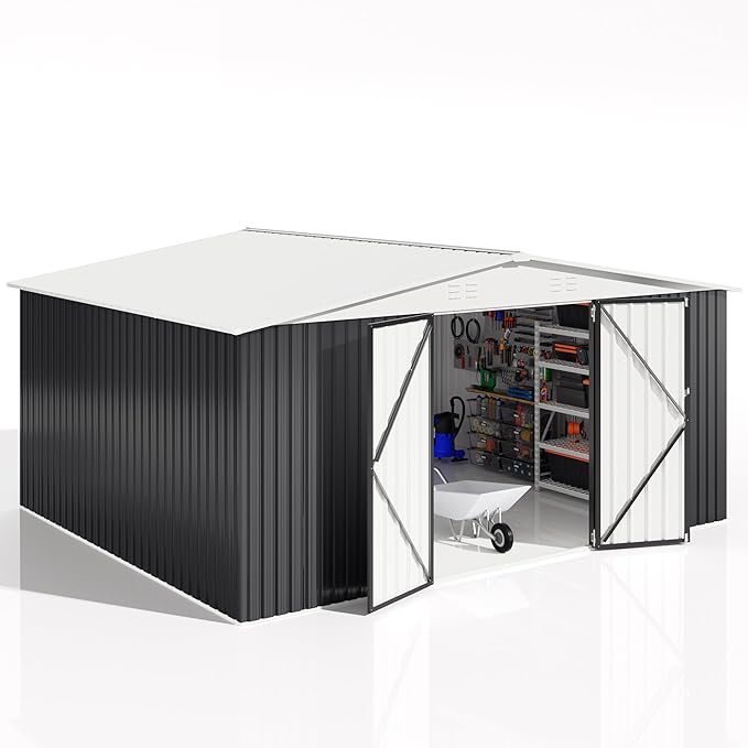 12x14 FT Outdoor Storage Shed, Garden Shed with Updated Frame Structure and Lockable Doors, Metal Tool Sheds for Backyard Garden Patio Lawn, White