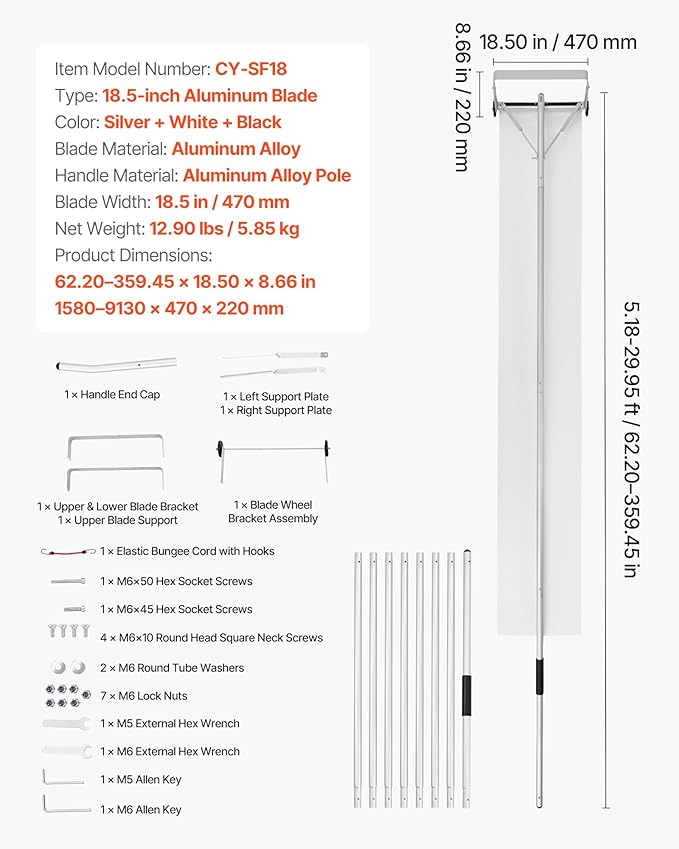 VEVOR Snow Roof Rake, 18.5 in Aluminum Blade, 5.2-30 ft Adjustable Roof Snow Scraper with Wheels & Slide, , Lightweight Snows Removal Tool for House Rooftop Leaves Debris Clearing