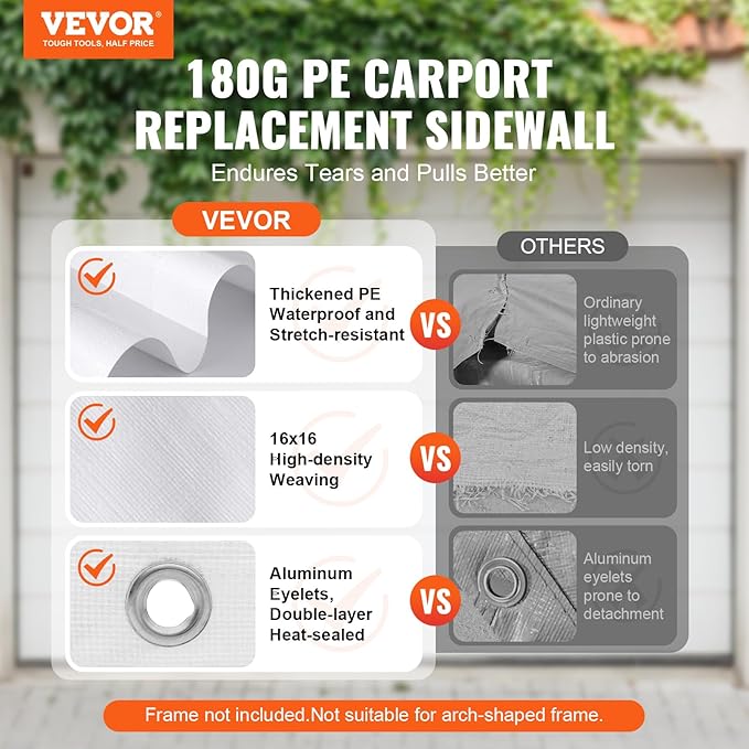 VEVOR Carport Replacement Canopy Cover Side Wall 10 x 20 ft, Garage Tent Shelter Tarp Heavy-Duty Waterproof & UV Protected, Easy Installation with Ball Bungees,White (Top and Frame Not Included)