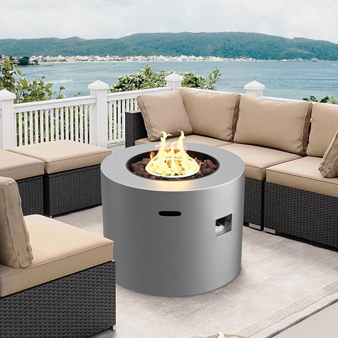 32 Inch Propane Fire Pit Table, 50,000 BTU Round Outdoor Fire Table, Alloy Steel Gas Fire Pits with Waterproof Cover, Lava Rocks and Lid, CSA Certified, for Patio, Deck, Backyard, Gray