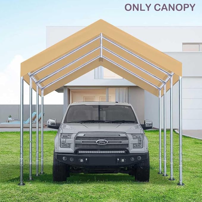 12'x20' Upgraded Carport Replacement Top Canopy Cover for Car Garage Shelter Tent Party Tent with Ball Bungees Beige (Only Top Cover, Frame is not Included)