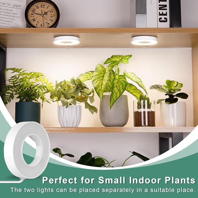 LORDEM Grow Light for Indoor Plants, 48 LEDs Ceiling Full Spectrum Plant Light, 5V Corded Growing Lamp with 4/8/12H Auto Switch, 4 Dimmable Brightness Levels, Single-Head, 2 Pack