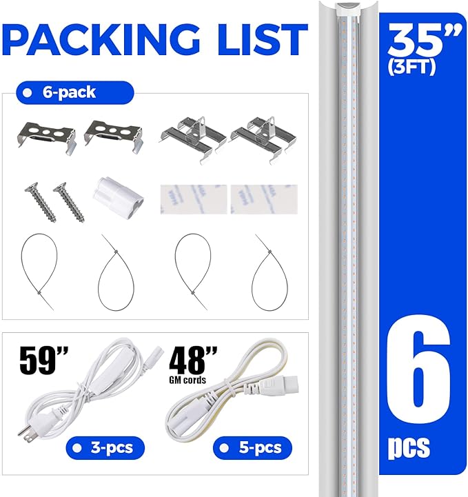 Barrina LED Grow Lights, Full Spectrum, 180W(6 x 30W, 1000W Equivalent), 3ft Grow Light Strips, T8 Grow Light Bulbs, Plant Lights for Indoor Plants, Greenhouse, Pinkish White, Linkable Design, 6-Pack