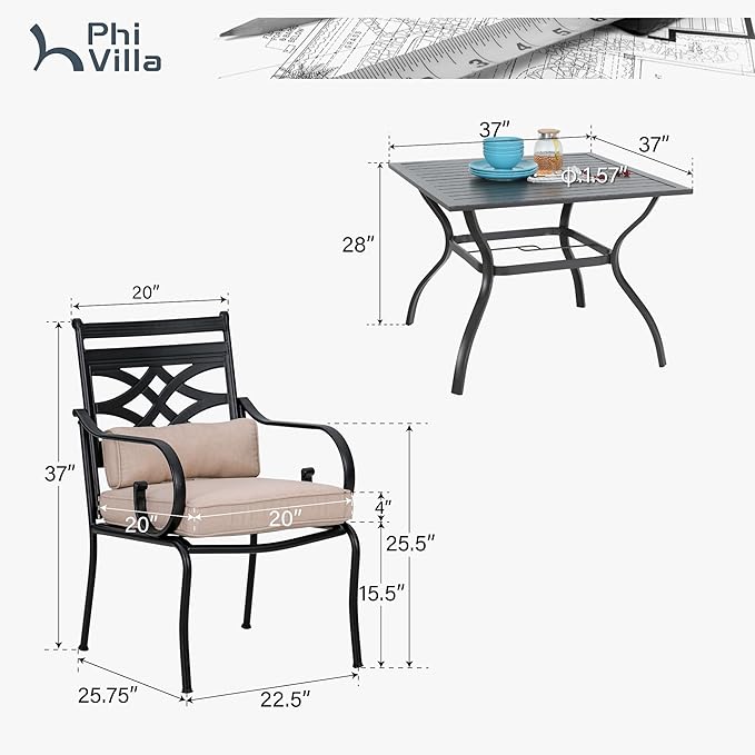 PHI VILLA 5 Pcs Patio Dining Set,Outdoor Table Chair Set for 4 with Outdoor Chairs and Metal Frame Steel Square Table,Outdoor Dining Furniture with Cushion and Pillow for Garden Lawn Deck