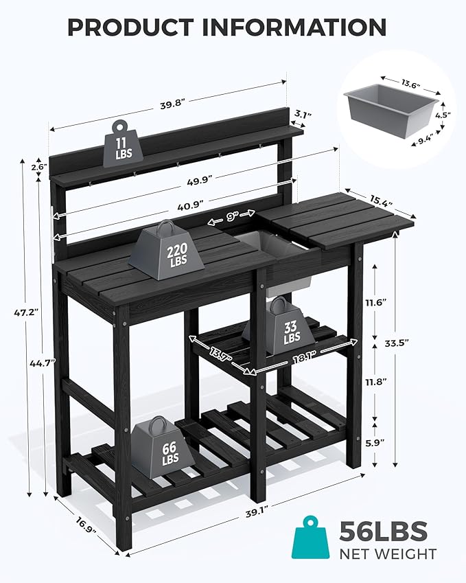 SERWALL Potting Bench Set of 2 Outdoor Potting Table with Sink, HDPE Potting Benches for Outside Gardening Table All Weather Use- Black