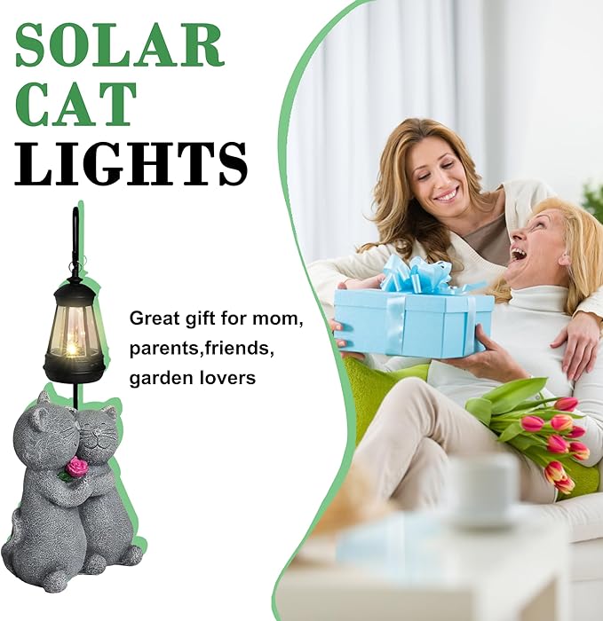 Outdoor Cat Garden Statues with Solar Lantern - Romantic Resin Kitty Couple Holding Rose, Funny Solar Cat Decor Gifts for Women, Cats Figurines for Yard Lawn Porch Patio