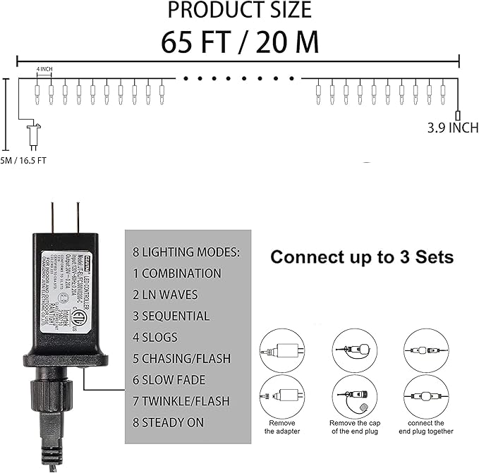 Dazzle Bright 200 LED Christmas Mini String Lights, 65FT Connectable Waterproof 8 Modes Fairy Lights for Indoor Outdoor Patio Garden Holiday Party Decorations (Multi-Colored)