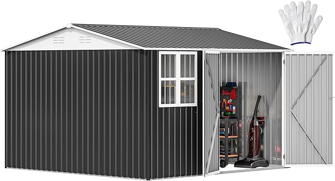 DWVO 10x10ft Metal Outdoor Storage Shed with Window, Lockable Tool Storage Sheds, Oversized Steel Garden Sheds with Sloped Roof for Backyard, Patio, Garage, Lawn, Gray & White