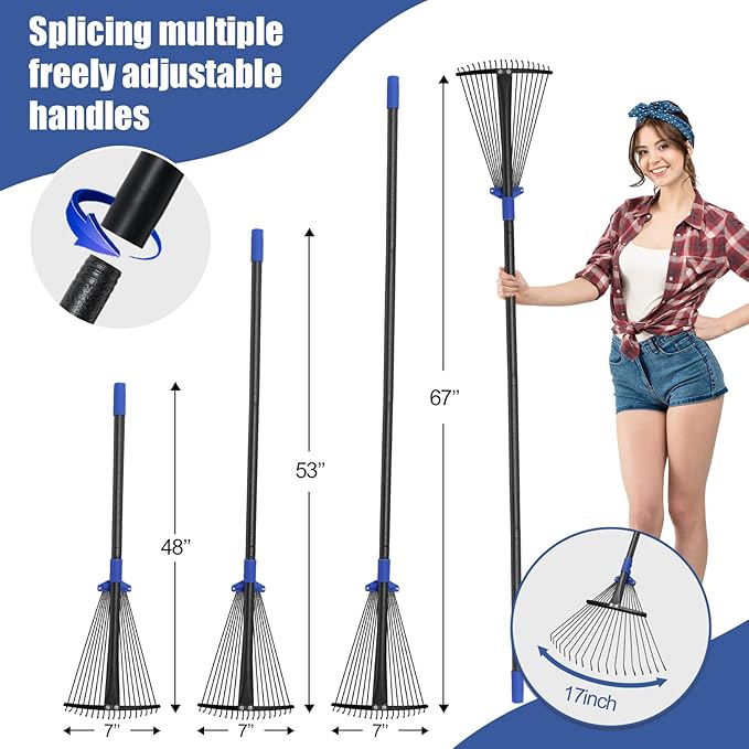 Adjustable Leaf Rake, 67” Long Handle Garden Rakes for Lawns Leaves with Expandable Head 8-17", Yard Women Kids Rake for Gardening RV Camping