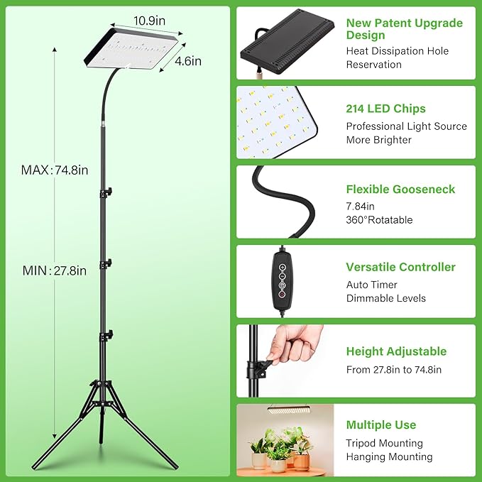 LBW Grow Lights for Indoor Plants Full Spectrum with Stand,214 LEDs Standing Plant Lights for Indoor Growing,Floor Grow Plant Lamp with 4/8/12H Timer,6 Brightness Levels,75" Adjustable Tripod