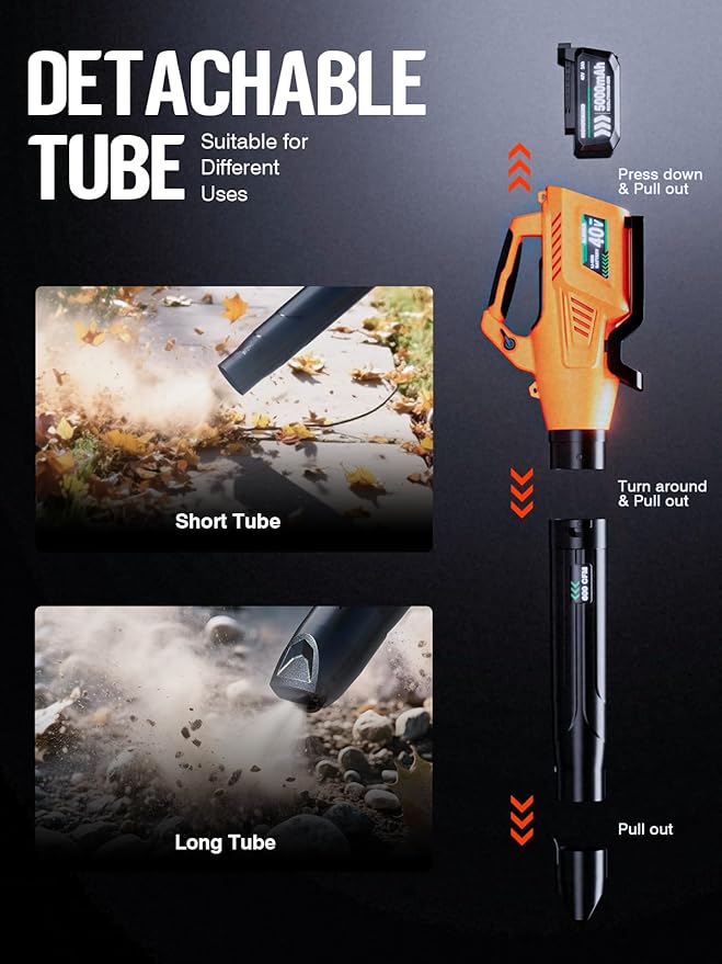 Leaf Blower Cordless, 40V 600CFM &180MPH Electric Leaf Blower with 7.5Ah Battery, Fast Charger and Extension Tube for Blowing Leaves Snow for Yard Garden Lawn Care, Orange