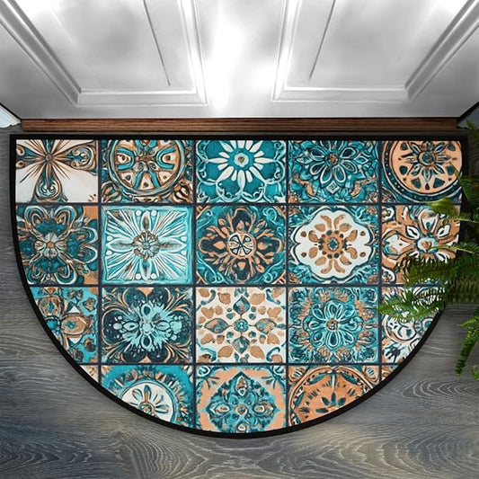 cfpolar Non-Slip Soft Half Round Door Mat, Retro Tribal Plaid Semicircle Mat for Indoor Entrance Garage Bath Living Room Patio 24 x 36 in