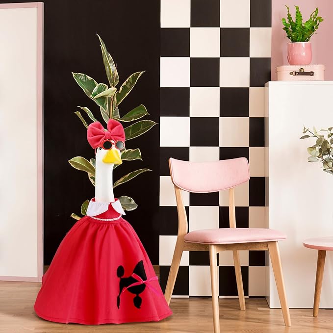 Outus Halloween Poodle Goose Outfits Funny 50s Poodle Skirt for Porch Goose Hot Pink 23 Inch Holiday Geese Cloth for Halloween Vintage 1950s Party Yard Garden Outdoor Decor