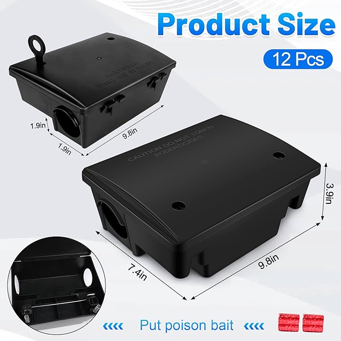 Rat Bait Stations with Keys, 12 Pack Large Humane Mouse Rodent Bait Stations Mouse Rodent Rat Trap Outdoor Indoor, Heavy Duty Reusable Mice Bait Station Boxes for Outdise, Pets & Kids Safe