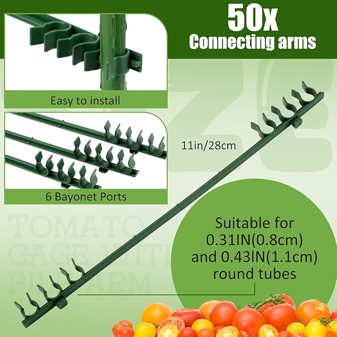 50 Pcs Expandable Trellis Connectors, 11 Inch Green Plastic Stake Arms for Tomato Cage, Climbing Plants Attach, 11mm Diameter Plant Stake