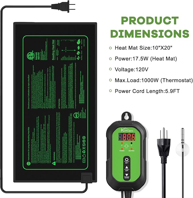 10"x 20" Seedling Heat Mat and Digital Thermostat Combo Set - KOKOPRO Warm Hydroponic Heating Pad for Seed Germination Indoor Gardening Greenhouse for Reptiles Seedlings Incubation Fermentation