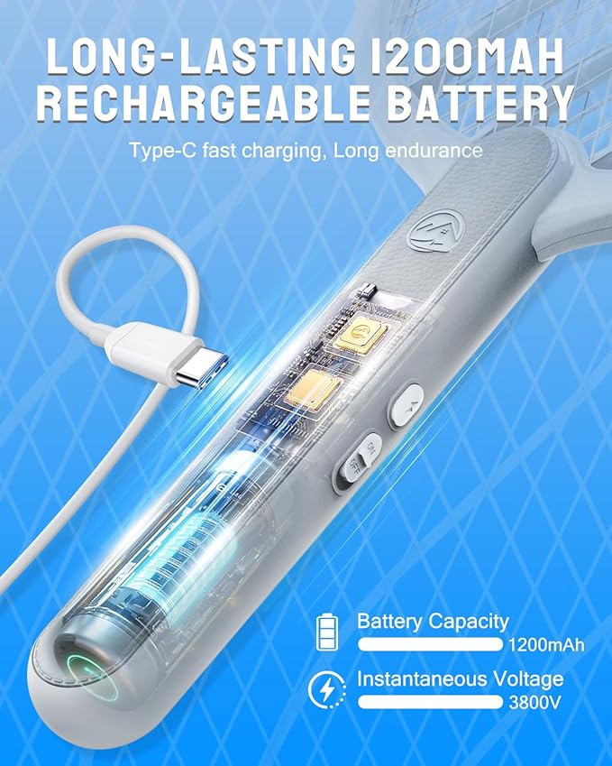 Electric Fly Swatter, 3800V Handheld Bug Zapper Racket, Type-C Rechargeable, Mosquito Zapper for Indoor Outdoor, 3-Layer Safety Mesh, Easy to Use, Lightweight (Basic 1 Pack)