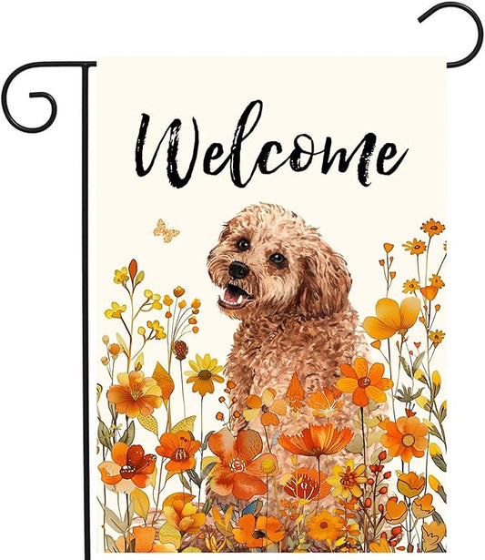 Floral Golden Doodle Garden Flag Fall Yard Flag Wildflower Dog Garden Flags Orange Autumn Lawn Flags Welcome Thanksgiving Outdoor Flags for Outside 12x18 Double Sided Small