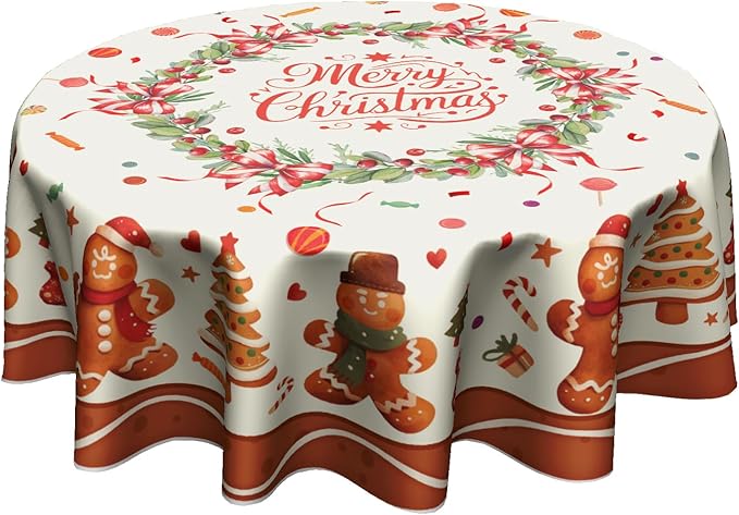 Merry Christmas Tablecloth Round 60 Inch,Traditional Xmas Gingerbread Man Cookie Reusable Washable Circular Table Cover for Holiday Home Kitchen Party Wedding Picnic