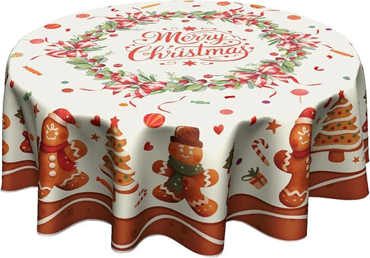 Merry Christmas Tablecloth Round 60 Inch,Traditional Xmas Gingerbread Man Cookie Reusable Washable Circular Table Cover for Holiday Home Kitchen Party Wedding Picnic