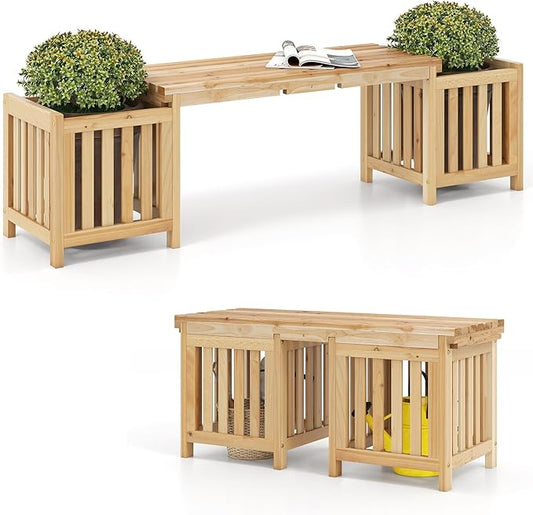 Giantex 2-in-1 Outdoor Bench with 2 Raised Garden Beds, Planter Boxes with Open-Ended Base, Garden Bench Seat for Porch Balcony Lawn Yard, DIY Assembly, Natural