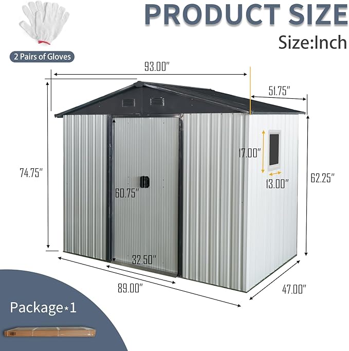 4x8 FT Outdoor Storage Shed, Metal Garden Shed with Frame Floor, Outside Tool Shed with Window, Waterproof Storage Building with Lockable Sliding Doors & Sloped Roof for Backyard, Patio, White+Black