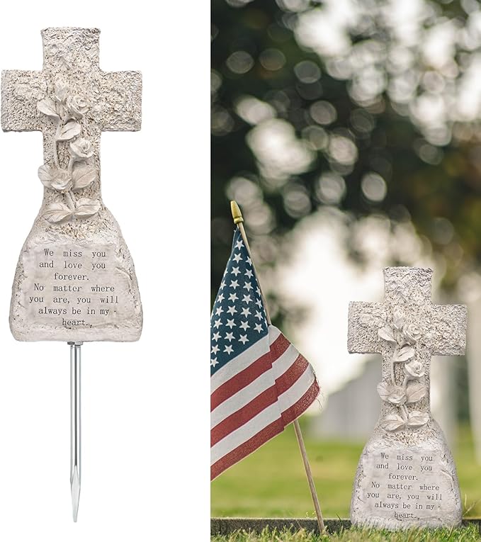 bocola Elegant Memorial Resin Cross with 3D Roses - Honor Your Loved Ones with Grace and Beauty Suitable for Cemetery Grave Indoor Memorial Decoration