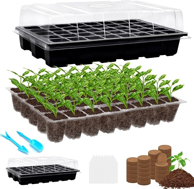 Halatool 2 Pack 80 Cells Seed Starter Trays with 80 PCS Coco Pellets, Black Seedling Starter Kit for Seedlings, Organic Seed Starting Soil Pods for Plant Germination, Planting Vegetables Flowers Seeds