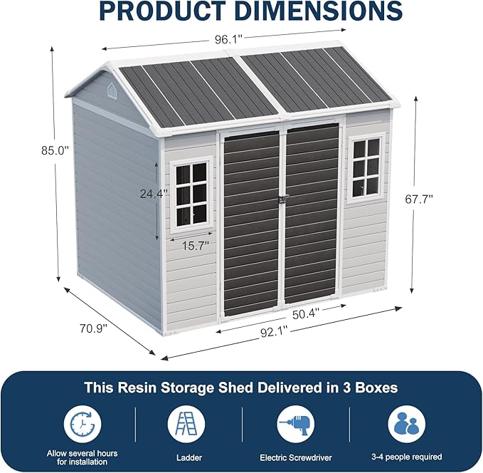 CDCASA 8x6 FT Resin Storage Shed, Waterproof Large Outdoor Sheds with Floor Included & Adjustable Openable Windows, Outside Plastic Tool Shed for Backyard Patio Poolside Garden, Dove Grey