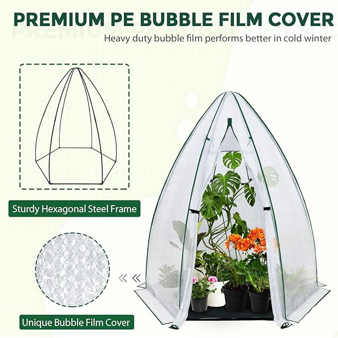 EAGLE PEAK Portable Mini Dome Greenhouse with Zippered Door and Mesh Window, Outdoor Mini Hexagon Greenhouse Kit for Indoor Outdoor Gardening 63”x63”x72”, Agricultural Bubble Film Cover
