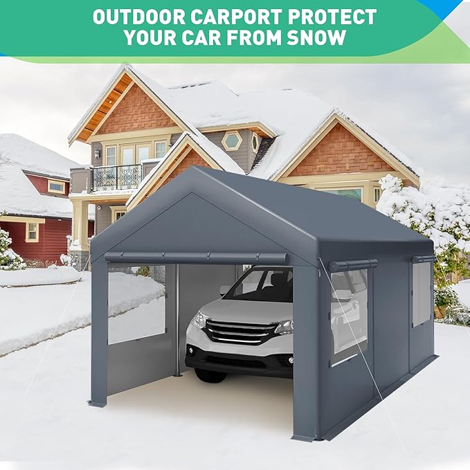 10x20 Ft Heavy Duty Carport, Portable Garage with Sidewalls, Doors, Ventilated Windows, Waterproof and UV Resistant Carport Canopy for Cars, Boats, Suvs, Gray