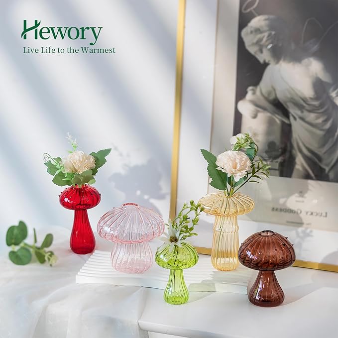 Mushroom Jars for Plants, Hewory 10pcs Colored Glass Mushroom Bud Vase for Flower, Unique Plant Propagation Stations Propagating Vases Decor, Mini Cute Hydroponic Terrarium Planter for Indoor Planters