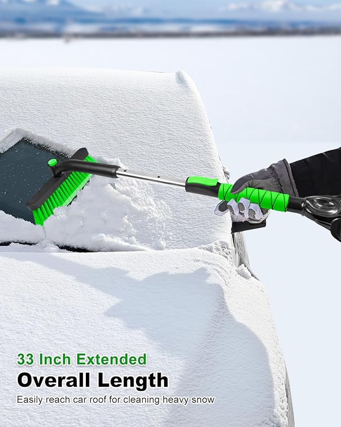SEAAES 33 Inch Ice Scraper with Snow Brush for Car Windshield, Extendable Snow Scraper and Brush with Foam Grip for Truck SUV Vehicle Window - Green