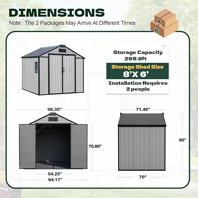MELLCOM 8 x 6 FT Resin Storage Shed with Floor, Outdoor Garden Tool Shed with Windows and Lockable Door for Patio, Lawnmower, Pool Supply, Bike