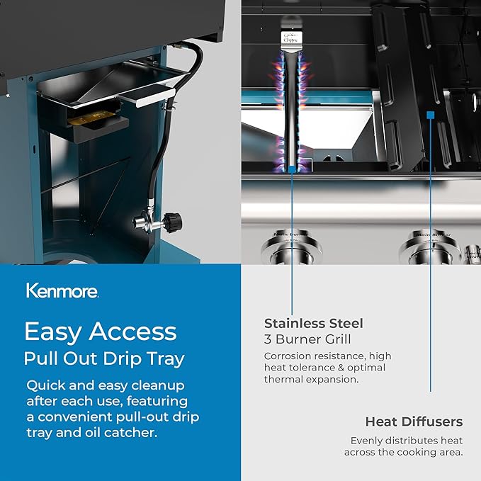 Kenmore 3-Burner Propane BBQ Grill, 30,000 BTUs Gas Grill with Cast Iron Cooking Grates, Folding Side Tables & Wheels, Outdoor Grill with Tool Hooks, Teal