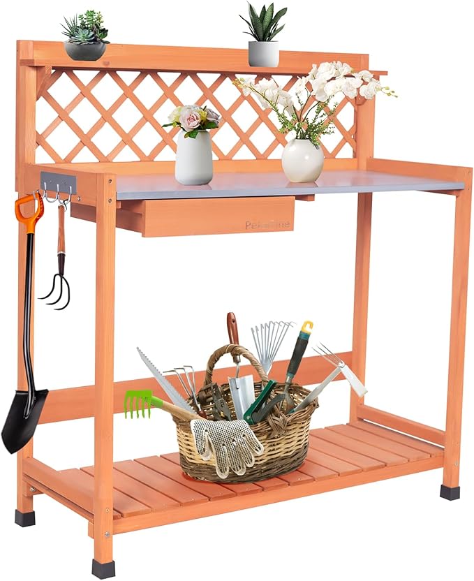 Outdoor Potting Bench & Wooden Gardening Work Station Planting Table with Metal Tabletop, Drawer, Storage, and Hooks